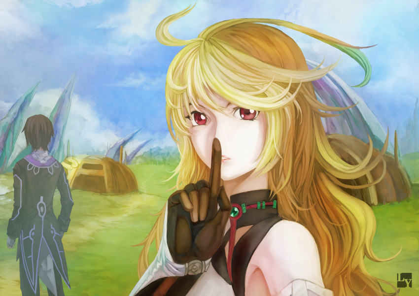 bare_shoulders black_hair blonde_hair face finger_to_mouth fingerless_gloves from_behind gloves highres jude_mathis long_hair milla_maxwell multicolored_hair nanaya_(daaijianglin) red_eyes tales_of_(series) tales_of_xillia