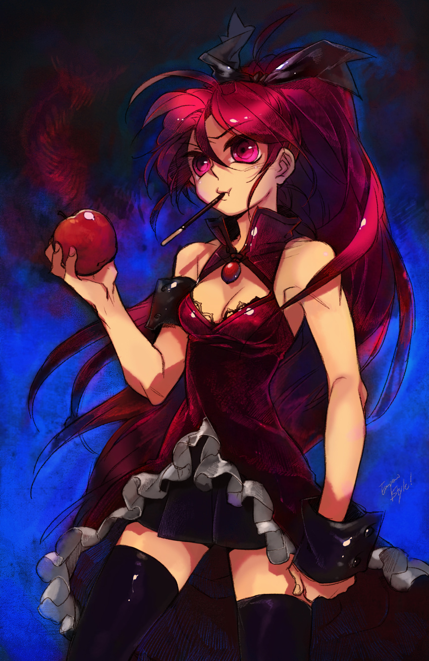 absurdres apple bow breasts cleavage empew food fruit hair_bow highres holding holding_apple holding_fruit long_hair mahou_shoujo_madoka_magica pink_eyes pink_hair pocky ponytail sakura_kyouko solo thigh-highs thighhighs