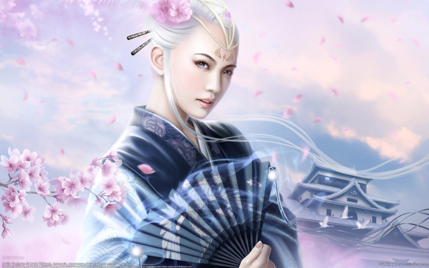 blue_eyes castle cherry_blossoms clouds crane_clan digital_art fan feather flower hairpin japanese_clothes kakita_taminoko kimono legend_of_the_five_rings mario_wibisono markings petals raynkazuya realistic sky solo wallpaper white_hair