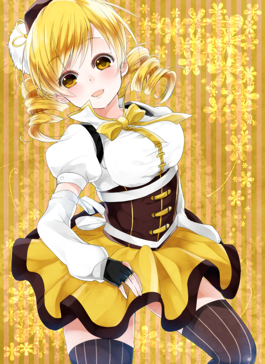 bad_id beret blonde_hair blush detached_sleeves drill_hair fingerless_gloves gloves hanata hat highres light_smile mahou_shoujo_madoka_magica open_mouth puffy_sleeves solo thigh-highs thighhighs tomoe_mami twin_drills yellow_eyes zettai_ryouiki