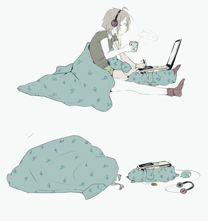 blanket blush_stickers braid brown_hair computer computer_mouse cup drawing_tablet eventh7 green_eyes headphones highres laptop mug original pillow shorts sitting socks stylus tablet