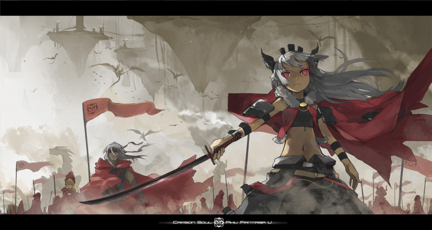 armor army blindfold cape coat dragon female floating_island highres jong_tu katana letterboxed long_hair male midriff navel outstretched_arm outstretched_hand pixiv_fantasia pixiv_fantasia_5 red_eyes ringed_eyes silver_hair solo sword weapon wind