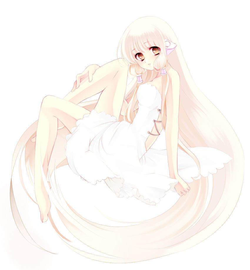 barefoot blonde_hair chii chobits fetal_position hand_on_leg highres kurabayashi looking_at_viewer robot_ears solo white white_background