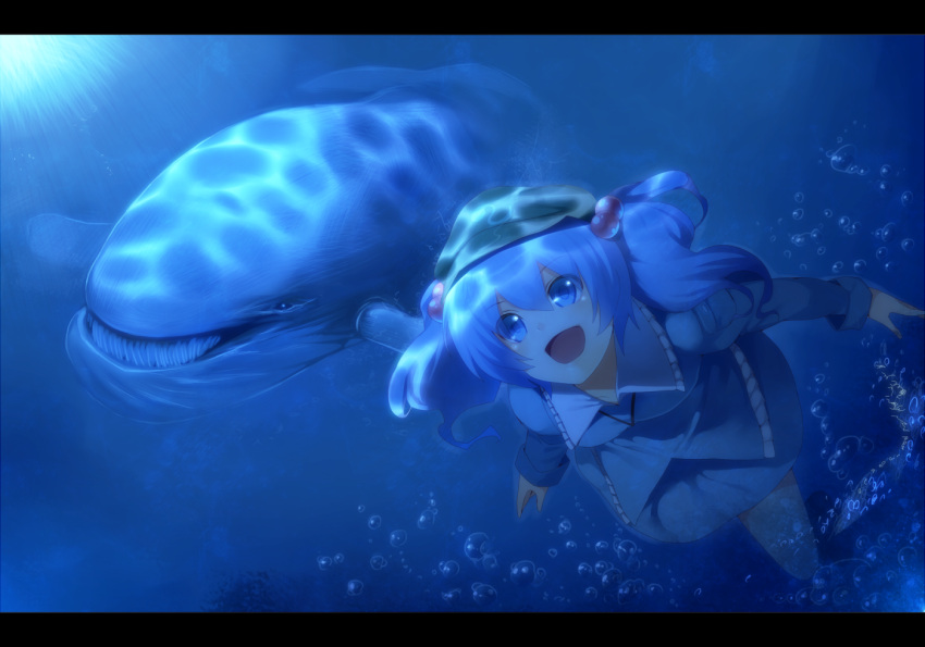 :d baleen blue blue_eyes blue_hair bubble caustics hair_bobbles hair_ornament hat kawashiro_nitori letterboxed open_mouth rby shikihara_mitabi short_hair smile solo swimming touhou twintails underwater whale