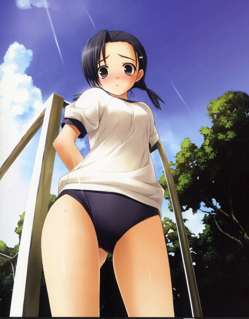 1girl :o arms_behind_back ass_visible_through_thighs blush breasts buruma eyebrows eyebrows_behind_hair flat_chest from_below game_cg gym_uniform hashimoto_takashi highres kuranaga_kozue short_twintails small_breasts solo swimsuit swimsuit_under_clothes thighs twintails yosuga_no_sora