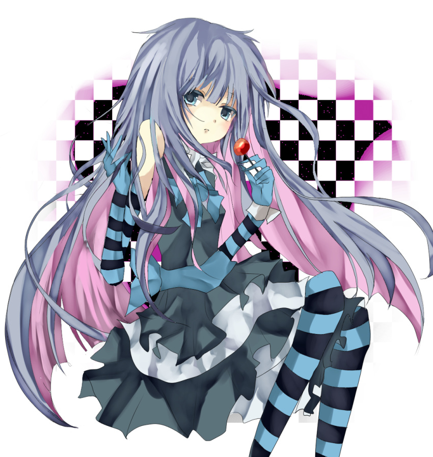 bare_shoulders blue_eyes blue_hair candy checkered checkered_background gloves lollipop long_hair luckstars multicolored_hair panty_&amp;_stocking_with_garterbelt solo stocking_(character) stocking_(psg) striped striped_legwear striped_thighhighs thigh-highs thighhighs two-tone_hair very_long_hair