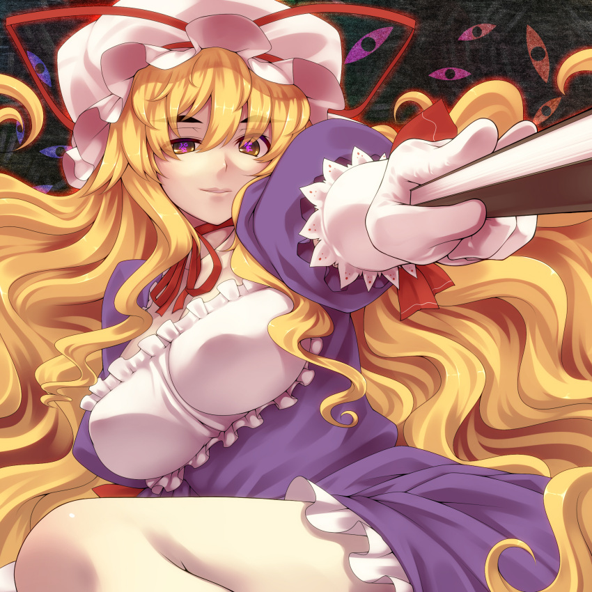 blonde_hair breasts elbow_gloves eyebrows eyes fan folding_fan foreshortening gloves hat highres large_breasts legs long_hair smile smirk solo symbol-shaped_pupils text_in_eyes thick_eyebrows thighs touhou translated tro very_long_hair white_gloves yakumo_yukari yellow_eyes
