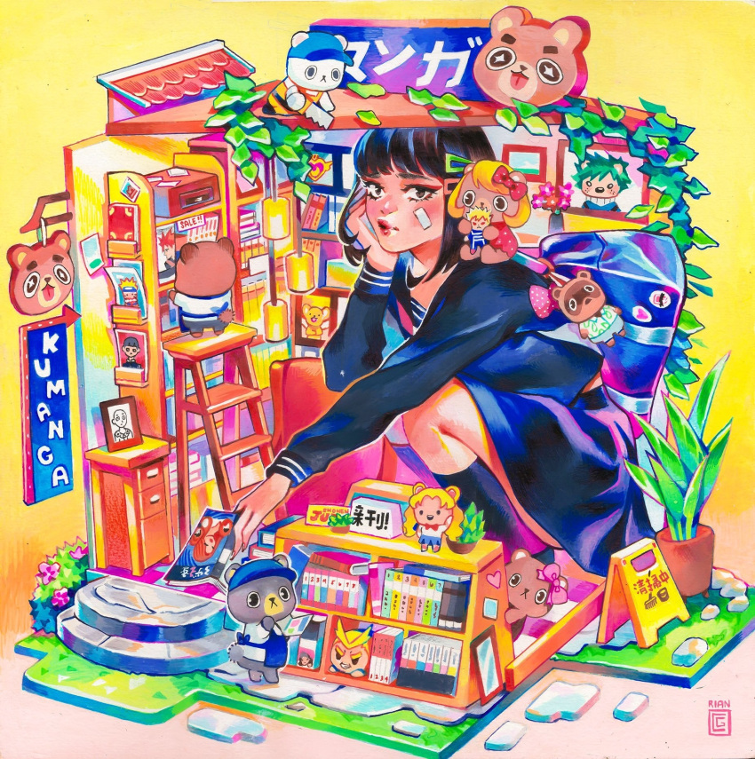 1girl artist_name bag bald bear bishoujo_senshi_sailor_moon black_hair blonde_hair book brown_eyes character_request commentary copyright_request english_commentary flower gouache_(medium) highres holding_saw ladder manga_(object) naruto_(series) one-punch_man original painting_(medium) picture_frame plant potted_plant rian_gonzales sailor_moon saitama_(one-punch_man) school_uniform serafuku shelf short_hair skirt socks solo traditional_media translation_request uzumaki_naruto yellow_background