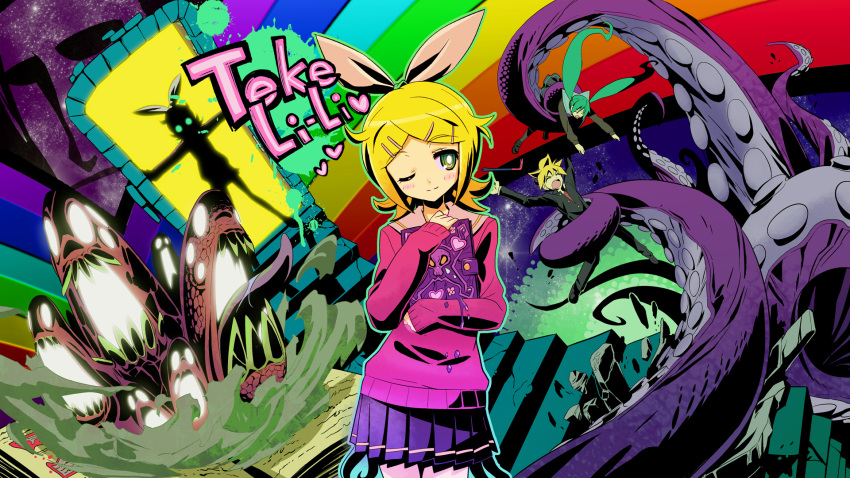 at_the_mountains_of_the_madness blonde_hair book cthulhu_mythos glowing_eyes green_eyes green_hair hair_bow hair_ornament hair_ribbon hairclip hatsune_miku highres kagamine_len kagamine_rin lovecraft maxgonta monster necronomicon pleated_skirt rainbow ribbon sailor_collar shoggoth short_hair skirt smile stairs suit sweater_vest tentacle tentacles twintails vocaloid wink