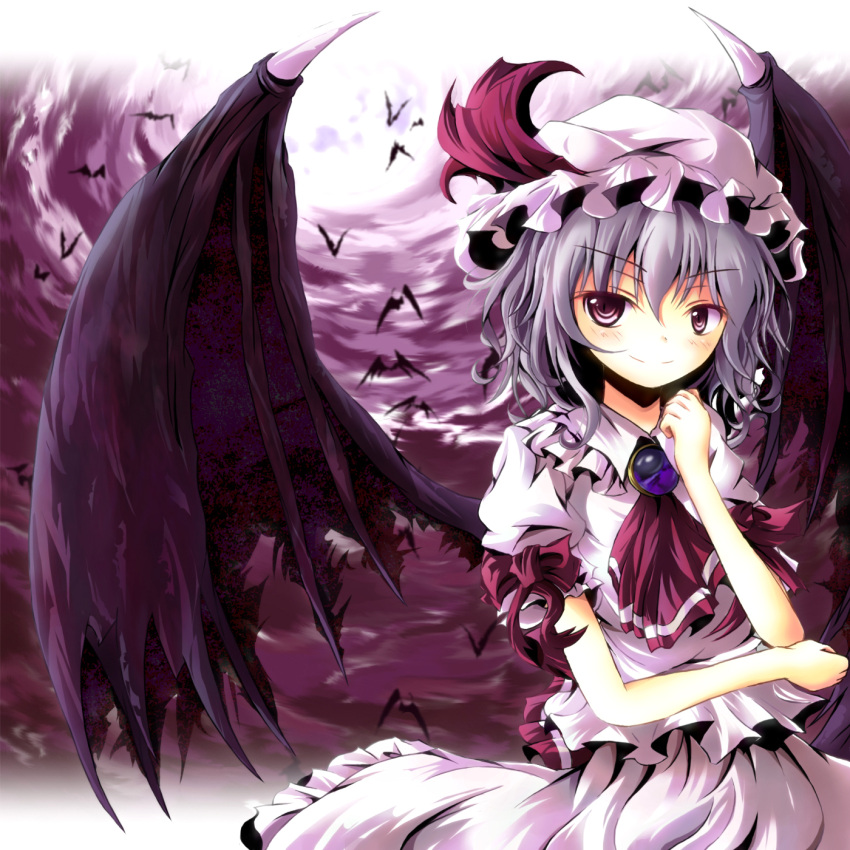 bad_id bat bat_wings blue_hair brooch dress full_moon hand_on_own_face hand_to_face hat hat_ribbon highres jewelry moon pink_dress red_eyes remilia_scarlet ribbon smile solo tamago_gohan touhou wings