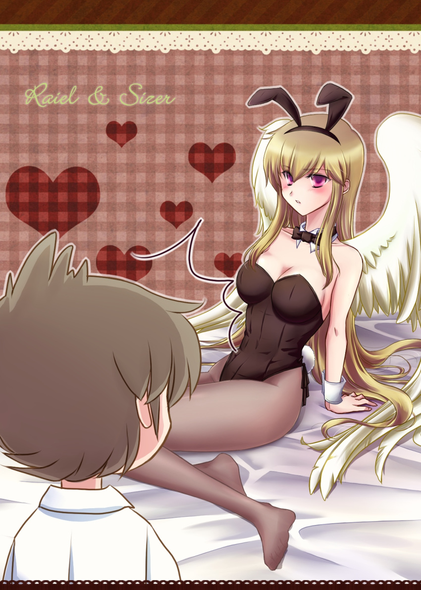 age_difference angel_wings animal_ears archangel bare_shoulders bed blonde_hair blush bowtie breasts bunny_ears bunny_girl bunny_tail bunnygirl bunnysuit cleavage couple feet grey_hair grey_hair hapiko heart highres long_hair pantyhose purple_eyes raiel red_eyes short_hair sitting sizer surprise surprised tail violinist_of_hameln wings wrist_cuffs