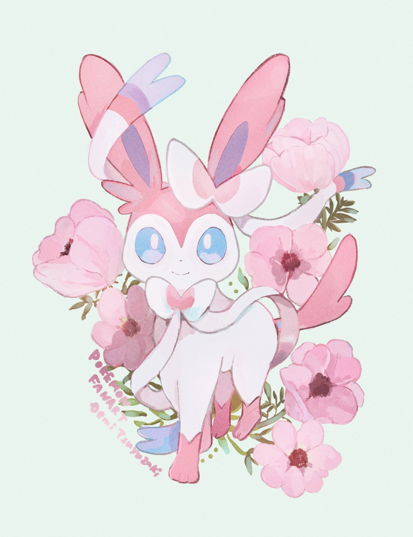 absurdres blue_eyes closed_mouth commentary_request copyright_name demitsuyuzaki flower highres leaf looking_at_viewer no_humans pink_flower pokemon pokemon_(creature) simple_background smile solo standing sylveon