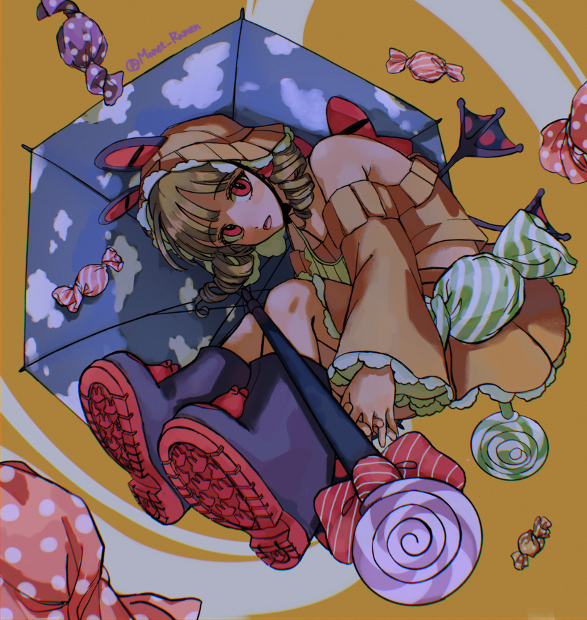 1girl absurdres black_umbrella blonde_hair boots bow candy candy_wrapper diagonal-striped_bow drill_hair food hat highres lollipop long_sleeves mahou_shoujo_ikusei_keikaku mahou_shoujo_ikusei_keikaku_jokers off-shoulder_shirt off_shoulder open_mouth print_umbrella purple_boots red_eyes shirt skirt solo striped_bow sushi_painapoon swirl_lollipop twin_drills umbrain umbrella yellow_hat yellow_shirt yellow_skirt