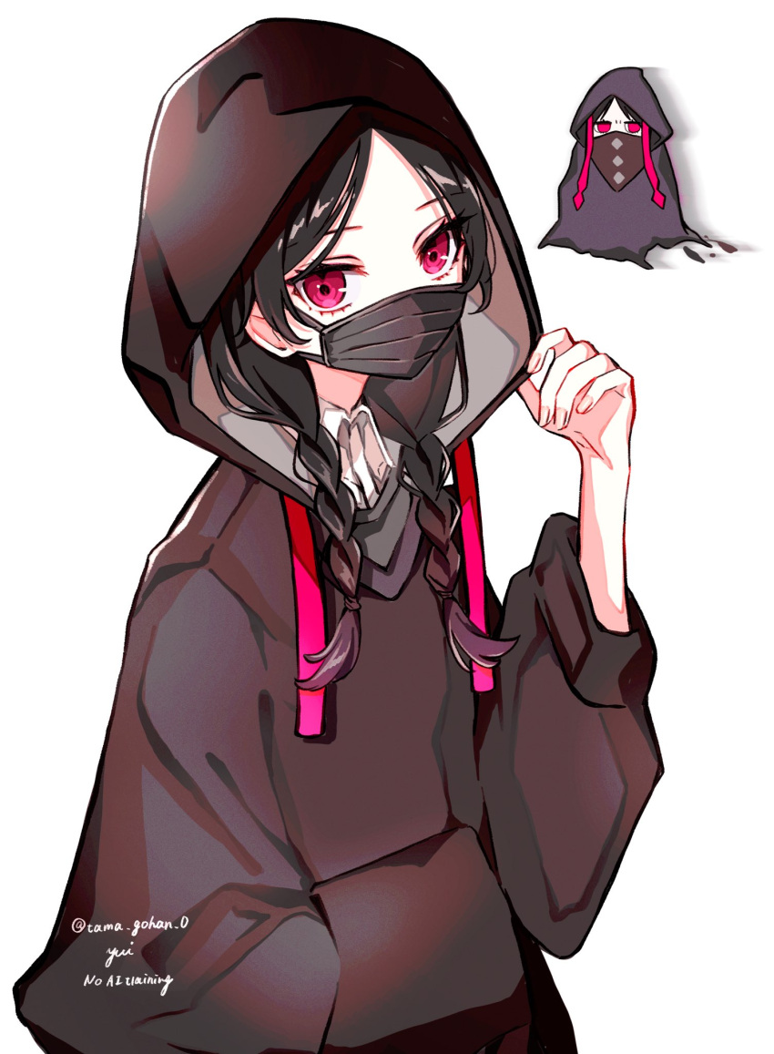 1girl black_hair black_hoodie braid chibi chibi_inset commentary_request fate/grand_order fate/strange_fake fate_(series) highres hood hood_up hoodie long_hair long_sleeves looking_at_viewer mask mouth_mask no_name_assassin_(fate) official_alternate_costume puffy_long_sleeves puffy_sleeves red_eyes simple_background solo twin_braids upper_body white_background yui_(tamagohan)