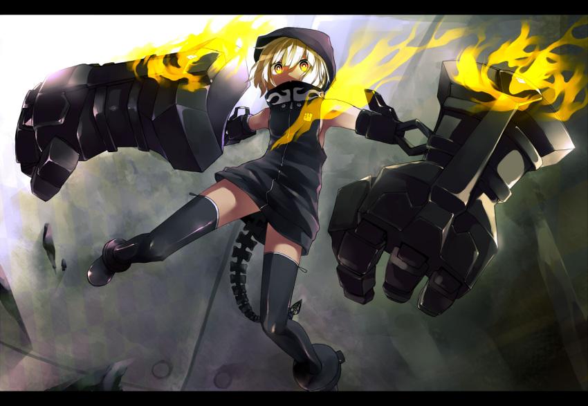 black_rock_shooter breasts en@rain fire flat_chest highres hood hoodie letterboxed prosthesis short_hair sideboob solo strength_(black_rock_shooter) tail thigh_highs thighhighs white_hair yellow_eyes yuu zettai_ryouiki