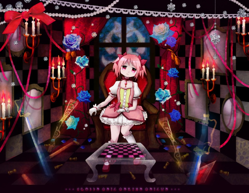bad_id blue_rose bubble_skirt candle chair checkered choker decorations flower gloves glowing gun highres kaname_madoka kneehighs kyubey kyuubee lace madoka_runes magical_girl mahou_shoujo_madoka_magica pink_eyes pink_hair puffy_sleeves rentama ribbon rifle rose short_hair short_twintails sitting solo sword table title_drop transparent twintails weapon white_gloves white_kneehighs white_legwear window witch's_labyrinth witch's_labyrinth