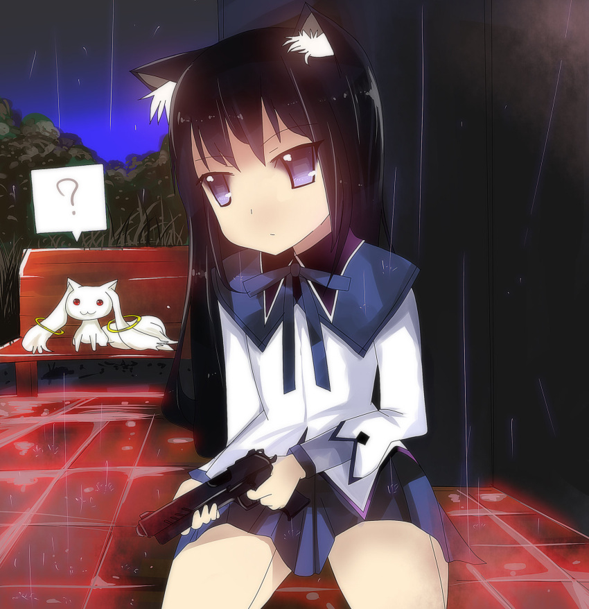 ? akemi_homura animal_ears bad_id bare_legs bench black_hair cat_ears flat_gaze gun hairband handgun highres kemonomimi_mode kyubey kyuubee mahou_shoujo_madoka_magica nekomimi_mode no_legwear pistol purple_eyes rain school_uniform senya_fuurin solo violet_eyes weapon