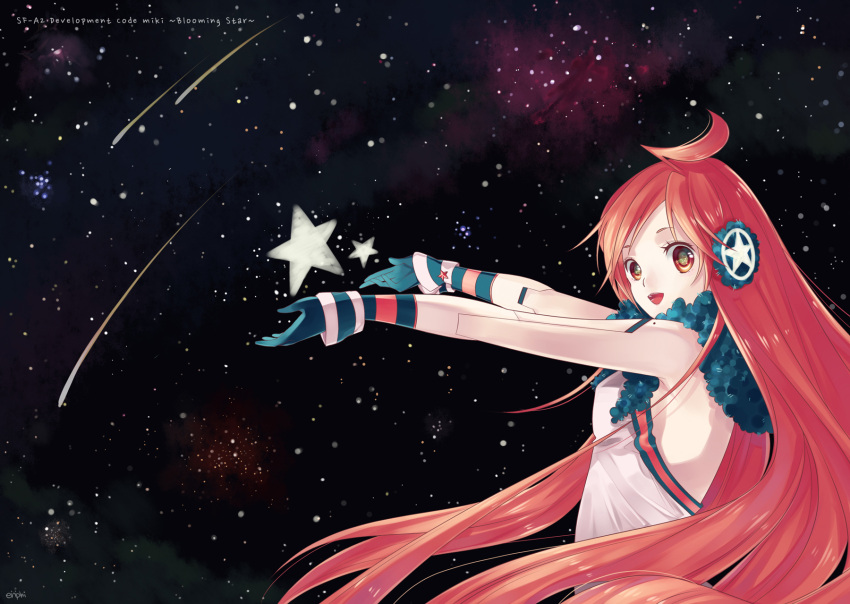 ahoge earmuffs enphi fur_collar gloves headphones miki_(vocaloid) night_sky open_mouth red_eyes redhead robot_joints shooting_star space spread_arms star stars very_long_hair vocaloid wrist_cuffs
