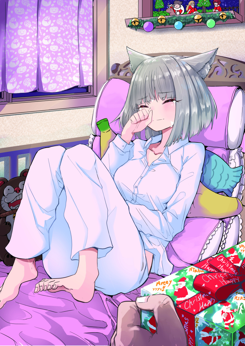 1boy 1girl absurdres animal_ears barefoot bell box breasts cat_ears cat_girl christmas closed_mouth commentary_request crying curtains eyelashes gift gift_box highres holding holding_box indoors jingle_bell large_breasts merry_christmas mythra_(xenoblade) nia_(xenoblade) on_bed pajamas pyra_(xenoblade) rex_(xenoblade) shirt sitting sofusan1526 streaming_tears tears white_shirt xenoblade_chronicles_(series) xenoblade_chronicles_2