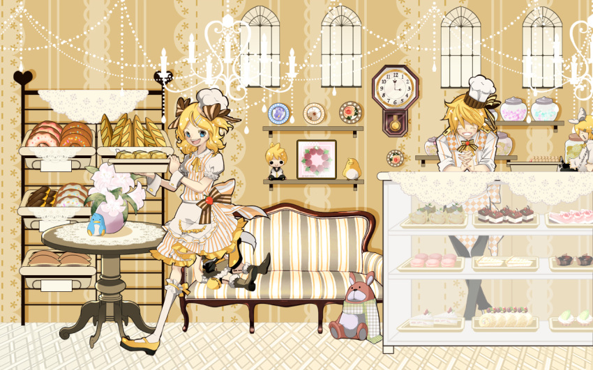 apron bird blonde_hair blue_eyes cake chef_hat clock dessert doughnut food french_bread hairclip kagamine_len kagamine_rin mary_janes neck_ribbon open_mouth plush short_hair smile sofa stripes table thigh_highs vocaloid wrist_cuffs yellow