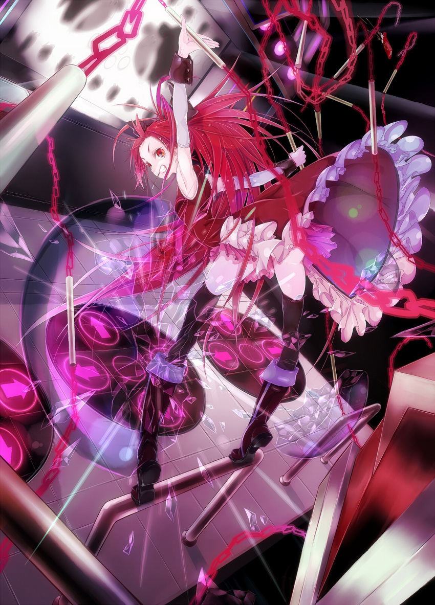 arcade arcade_cabinet ass bare_shoulders black_legwear black_thighhighs boots broken_glass chain chains dance_pad dancing detached_sleeves foreshortening glass grin highres jojotaro mahou_shoujo_madoka_magica outstretched_arms playing_games pocky polearm red_eyes red_hair redhead sakura_kyouko smile solo spear spread_arms thigh-highs thighhighs tiptoes weapon
