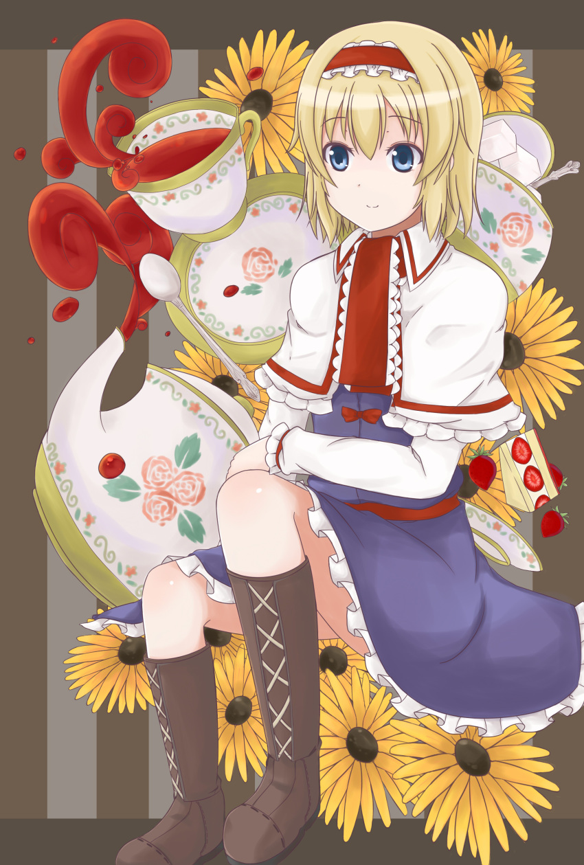 absurdres alice_margatroid artist_request blonde_hair blue_eyes boots bow cake capelet cross-laced_footwear cup food hairband high_boots highres knee_boots lace-up_boots oji_(axavier) short_hair smile solo spoon sugar sugar_cube sweets tea teacup touhou