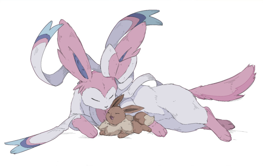:d animal_focus avocado_539 bow brown_fur closed_eyes eevee fluffy full_body highres licking looking_at_another lying neck_fur no_humans open_mouth pink_fur pokemon pokemon_(creature) pokemon_focus ribbon simple_background smile sylveon two-tone_fur white_background white_fur yellow_fur