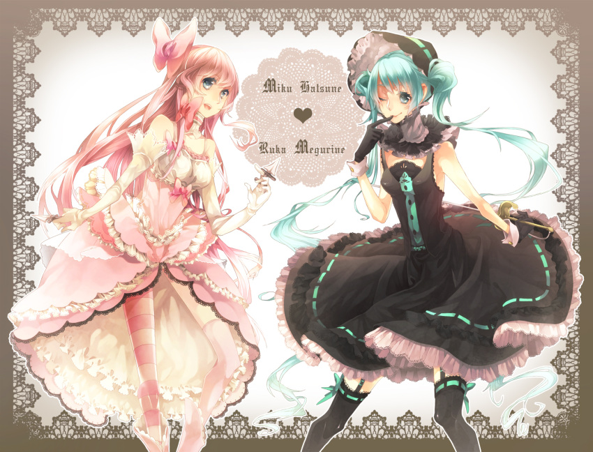 aqua_eyes aqua_hair bare_shoulders bonnet bow dress dual_wielding elbow_gloves finger_to_mouth gloves hair_bow hatsune_miku lace lolita_fashion megurine_luka petticoat pink_hair smile striped striped_legwear striped_thighhighs sword thigh-highs thighhighs tsukudato twintails vocaloid weapon wink