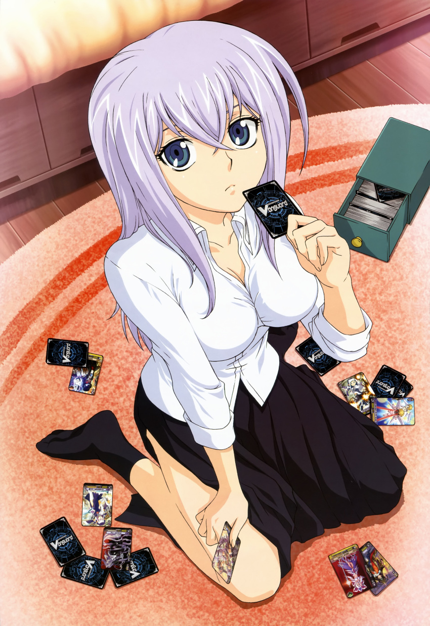 black_card black_eyes breasts card cardfight!!_vanguard cardfight!!_vanguard_(cards) cards cleavage footwear highres holding holding_card kneeling lying_card nyantype official_art oracle_think_tank silver_hair sleeves_rolled_up socks solo tokura_misaki