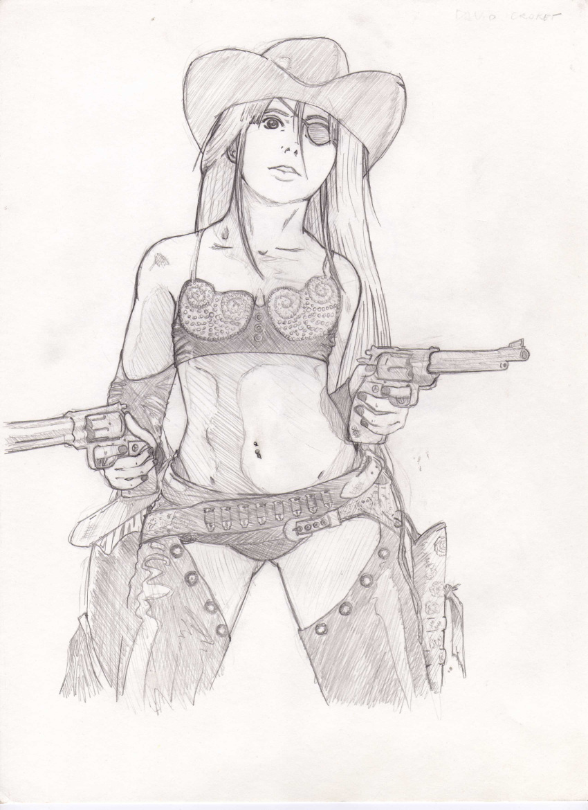 absurdres cow_girl cowgirl eyes gun highres patch traditional_media weapon
