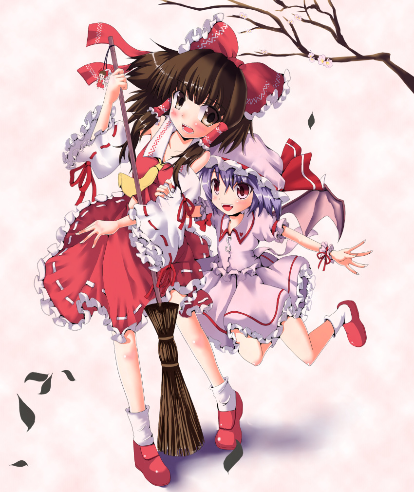 absurdres araimon bat_wings black_hair blush bow broom cherry_blossoms detached_sleeves dress fangs hair_bow hakurei_reimu hat highres jumping leaf miko multiple_girls open_mouth pink_dress red_dress red_eyes red_shoes remilia_scarlet shoes touhou vampire wings