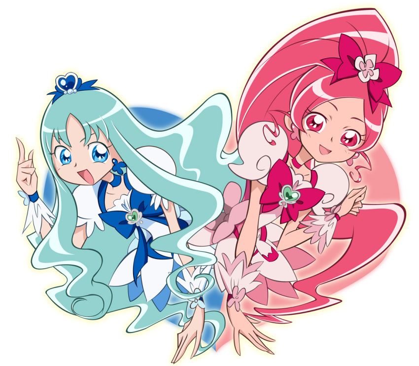 2girls :p blue_eyes blue_hair bow brooch choker cure_blossom cure_marine dress earrings flower hair_flower hair_ornament hair_ribbon hairpin hanasaki_tsubomi happy heart heartcatch_precure! jewelry kurumi_erika long_hair magical_girl multiple_girls nashe_taneru open_mouth payot pink_eyes pink_hair ponytail precure ribbon smile tongue wrist_cuffs
