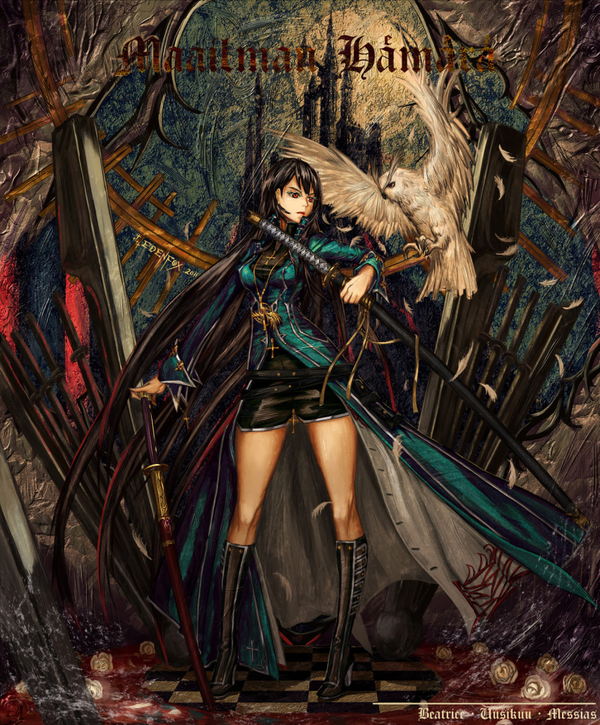 black_hair boots castle checkered checkered_floor dual_wielding edenfox feathers flower full_moon high_heels highres jewelry katana long_hair moon multicolored_hair original owl pendant red_eyes rose shoes solo standing sword very_long_hair weapon white_rose