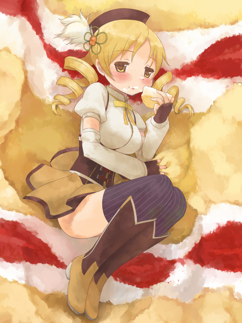 aoten blonde_hair boots cake detached_sleeves drill_hair eating fetal_position fingerless_gloves food food_on_face gloves hat highres knee_boots lying mahou_shoujo_madoka_magica skirt smile solo thigh-highs thighhighs tomoe_mami twin_drills yellow_eyes zettai_ryouiki