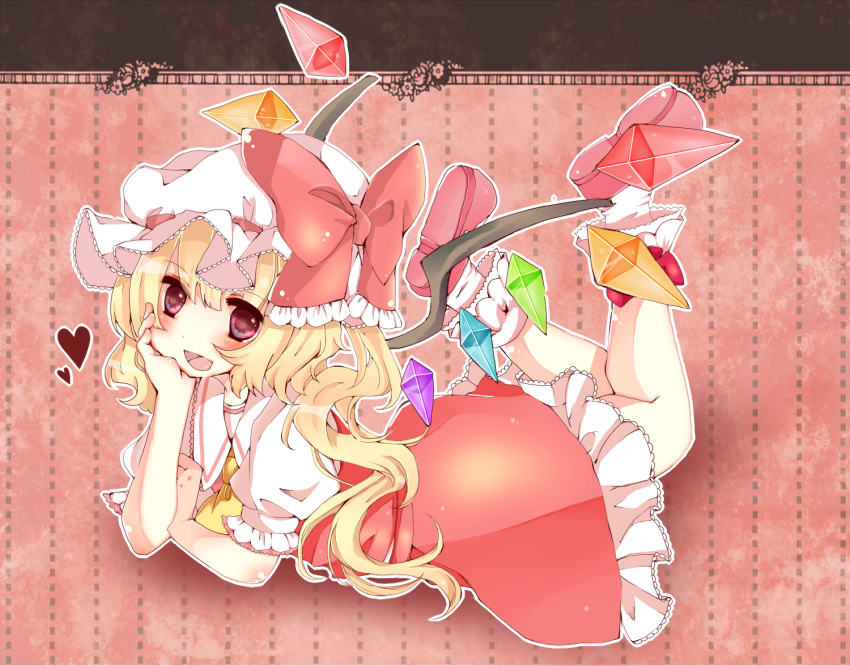 :d arm_support ascot blonde_hair blush chin_rest crystal flandre_scarlet heart long_hair lying on_stomach open_mouth red_eyes sai_ren side_ponytail smile solo touho touhou usolo wings