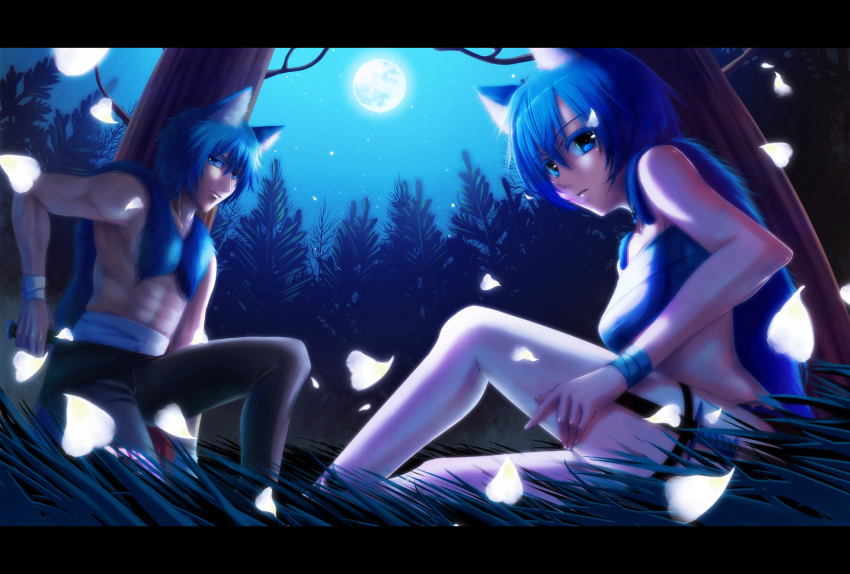 animal_ears blue blue_eyes blue_hair forest grass highres kaiko kaito letterboxed moon night petals short_hair tree vocaloid
