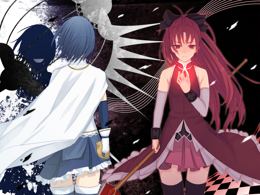 :d bare_shoulders black_legwear black_thighhighs blue_hair bow cape checkered checkered_floor daglasses detached_sleeves from_behind gloves grin hair_bow hand_on_own_chest hand_to_chest highres hitori_doumei light long_hair magical_girl mahou_shoujo_madoka_magica miki_sayaka multiple_girls open_mouth polearm ponytail red_eyes red_hair redhead sakura_kyouko short_hair silhouette smile spear sword thigh-highs thighhighs wallpaper weapon white_gloves