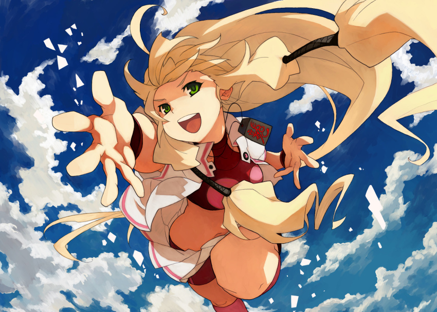 foreshortening green_eyes hands highres jacket long_hair open_mouth original outstretched_arm outstretched_hand penguin_caee reaching shorts sky smile solo