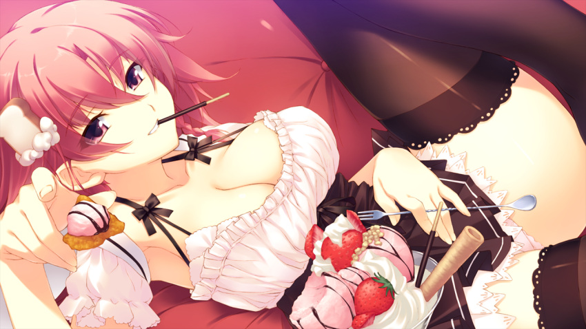 chocolate cleavage dutch_angle food fork fruit game_cg hoshi_no_ouji-kun large_breasts legs mouth_hold panties parfait pocky qp:flapper red_eyes red_hair redhead skirt spoon strawberry thigh-highs thighhighs thighs underwear waitress