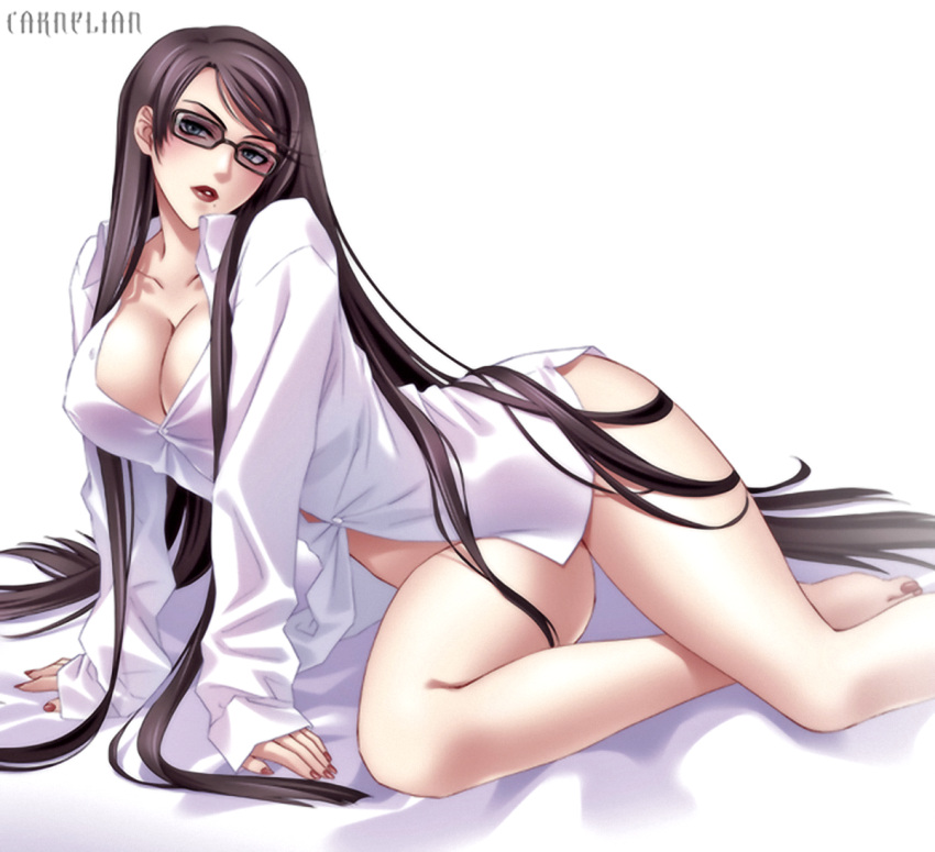 bayonetta bayonetta_(character) black_hair blue_eyes breasts carnelian cleavage glasses jpeg_artifacts large_breasts legs lips long_hair long_legs simple_background thighs upscale upscaled very_long_hair