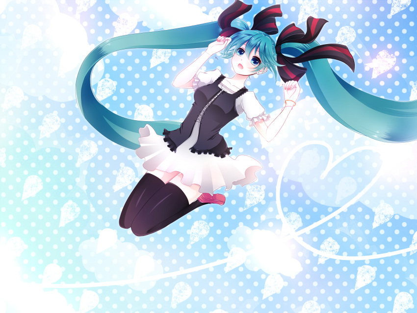 absurdres aqua_hair blue_eyes bracelet hair_ribbons hatsune_miku heart highres long_hair open_mouth polka_dot skirt thigh_highs twintails vocaloid zettai_ryouiki