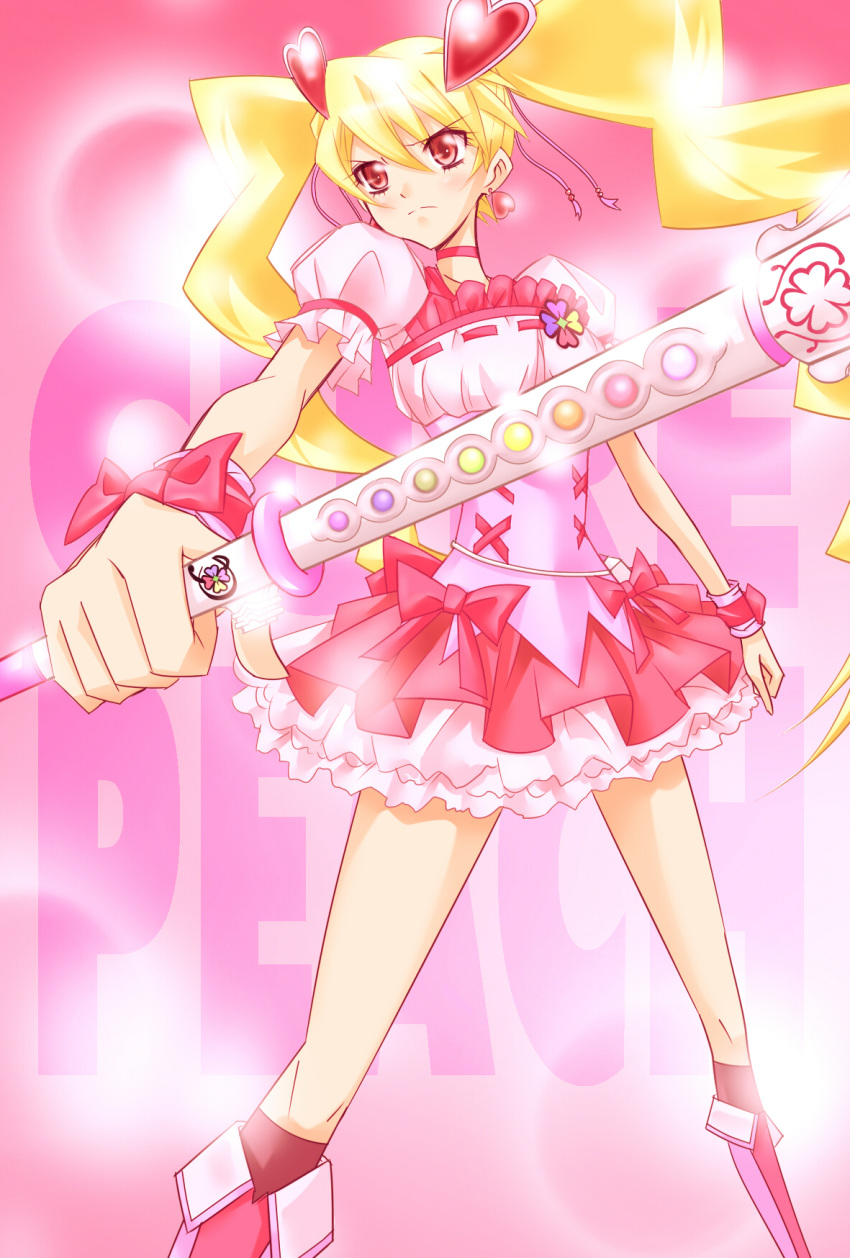 blonde_hair boots bow character_name choker corset cure_peach earrings foreshortening fresh_precure! fresh_pretty_cure! frown hair_ornament hairpin heart highres jewelry kneehighs kojikoji long_hair magical_girl momozono_love peach_rod precure pretty_cure red_eyes ribbon serious skirt solo sparkle twintails wand