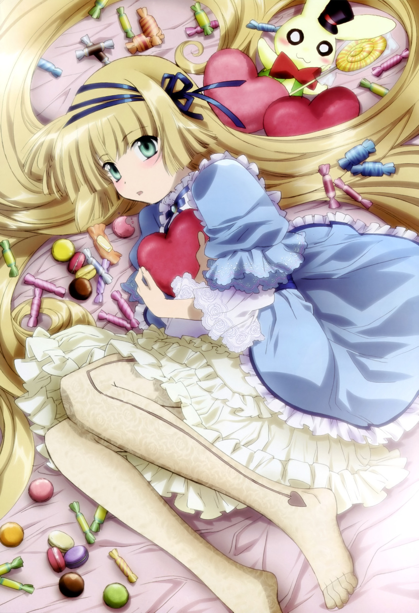 barefoot blonde_hair blush candy feet floral_print gosick green_eyes hair_ribbon heart highres legs long_hair lying nyantype official_art on_side pantyhose print_legwear print_pantyhose ribbon thigh-highs thighhighs toes very_long_hair victorica_de_blois victorique_de_broix
