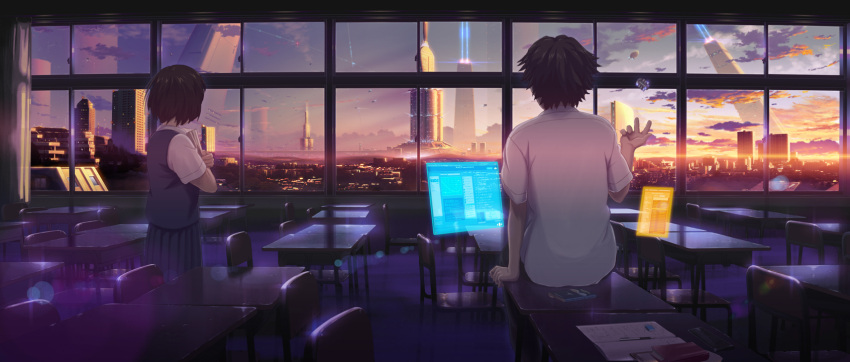 1girl building cityscape classroom cloud floating_screen from_behind highres holographic_monitor isai_shizuka megastructure orbital_elevator original scenery school school_uniform science_fiction sky skyscraper space_fountain sunset window