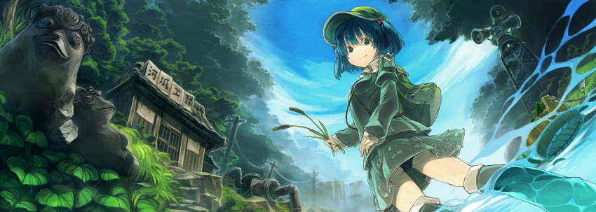 backpack bag blue_eyes blue_hair boots bucket cattail cucumber fisheye forest from_below grass hair_bobbles hair_ornament hat house kawashiro_nitori kitsune_(kazenouta) knee_boots nature panties pantyshot pipes plant power_lines randoseru scenery short_hair sky smile solo touhou translated twintails underwear upskirt water