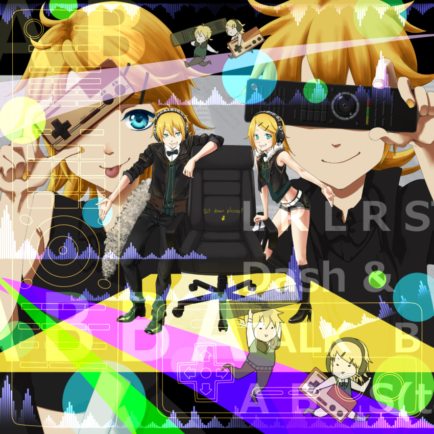 ahoge blond_hair blonde_hair blue_eyes boots chair chibi earphones female hairclip headphones jacket kagamine_len kagamine_rin male necktie ponytail project_diva project_diva_f remote_control rimocon_(vocaloid) short_hair smile suit teeth tongue twins vocaloid