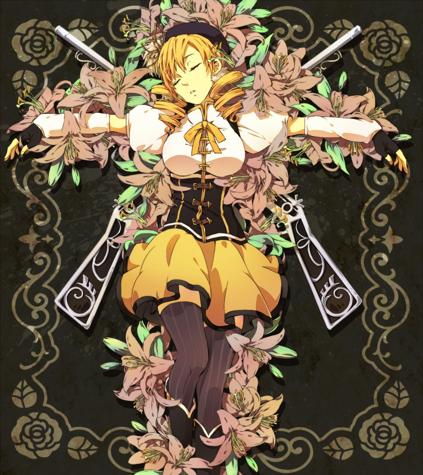 beret blonde_hair boots closed_eyes crucifixion drill_hair eyes_closed fingerless_gloves flower gari_(apollonica) gari_(pikacyuu) gloves gun hat highres lily_(flower) lying magical_musket mahou_shoujo_madoka_magica on_back puffy_sleeves rifle short_hair solo thigh-highs thighhighs tomoe_mami twintails weapon