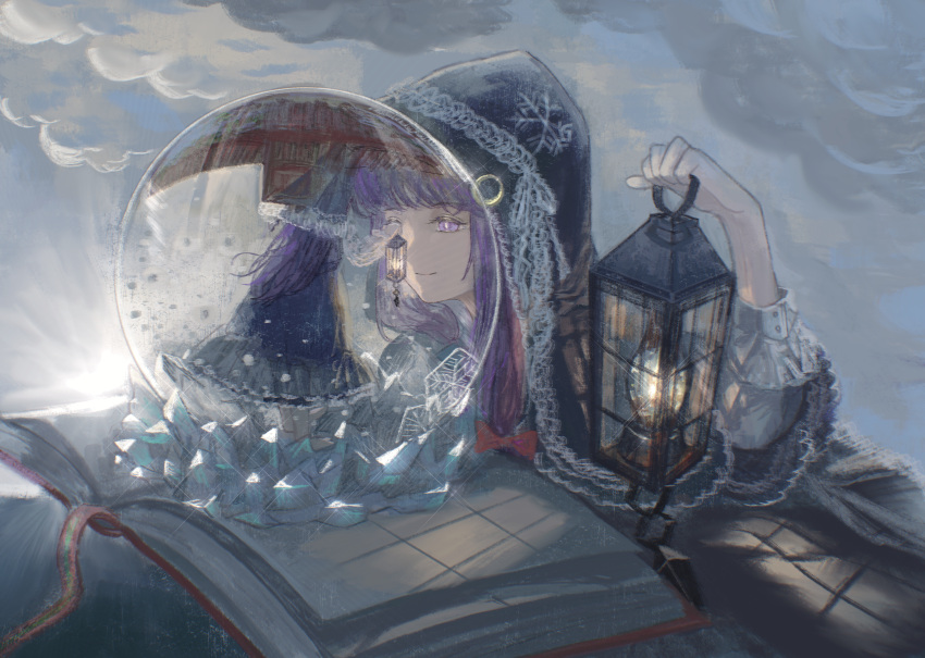2girls absurdres alternate_costume bangs black_cloak blunt_bangs book christmas cloak clone closed_mouth clouds crystal highres holding holding_lantern hood hooded_cloak lantern looking_at_another low_tied_hair multiple_girls open_book outdoors patchouli_knowledge purple_hair sly930105 smile snow snow_globe solo touhou violet_eyes