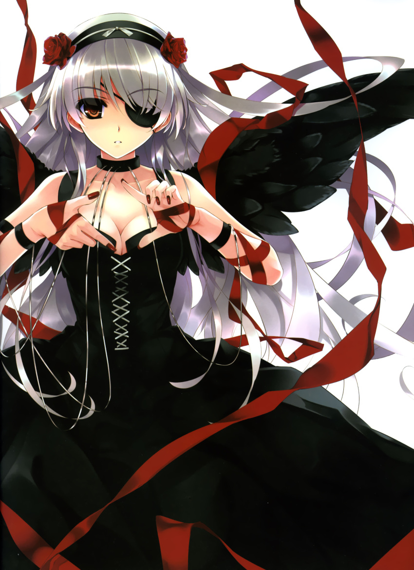 black_wings breasts cleavage copyright_request corset dress eyepatch fingernails flower hairband highres long_hair misaki_kurehito nail_polish ribbon silver_hair simple_background solo very_long_hair wings wristband
