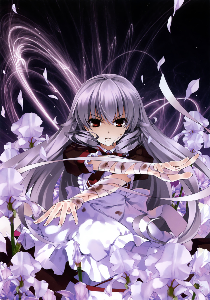 bandage bandages boku_to_kanojo_ni_furu_yoru character_request flower highres iris_maria_herbust long_hair maid misaki_kurehito petals silver_hair solo
